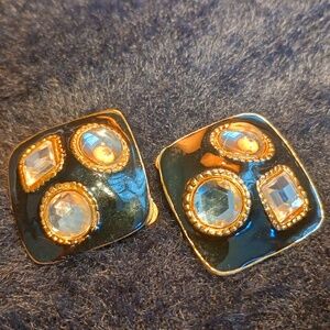 Black Enamel with tri mirror gold and clear mirror CLIP earrings (Vintage)